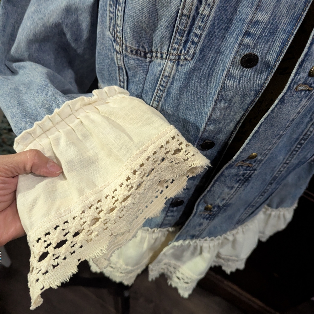 Embroidered Denim Jacket with Ruffle Hem - Picture 8 of 15
